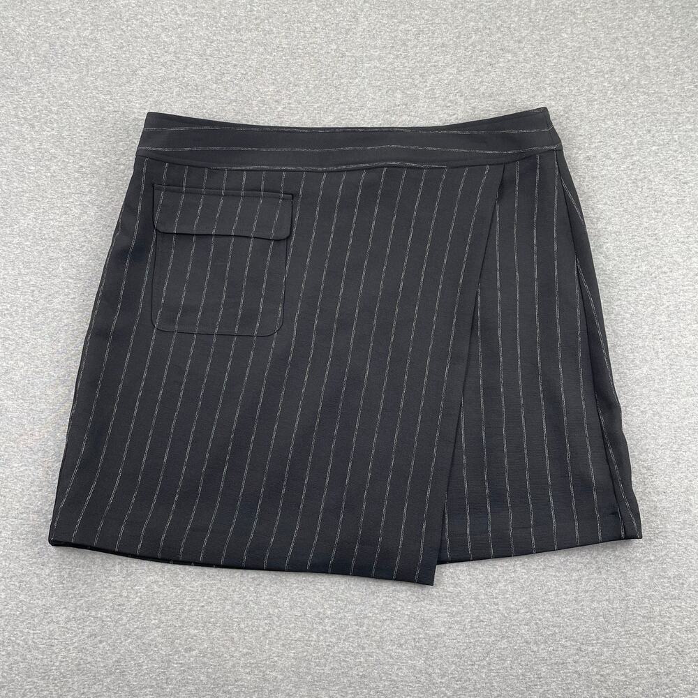 DKNY Asymmetric Wrap Front Mini Skirt 14 Black Gray Striped Office Siren Preppy